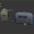 Gray Camping Trailer With Windows And Open Door In Two Views