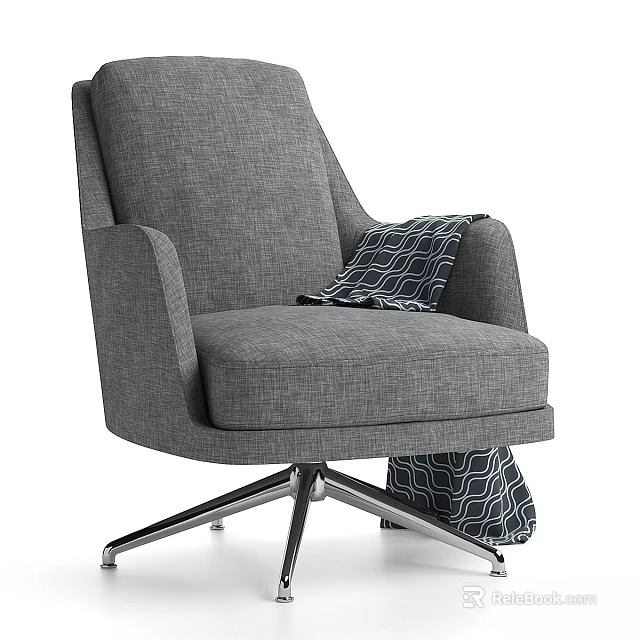 Modern Gray Lounge Chair with Geometric Throw and Sleek Metal Base 3d model 