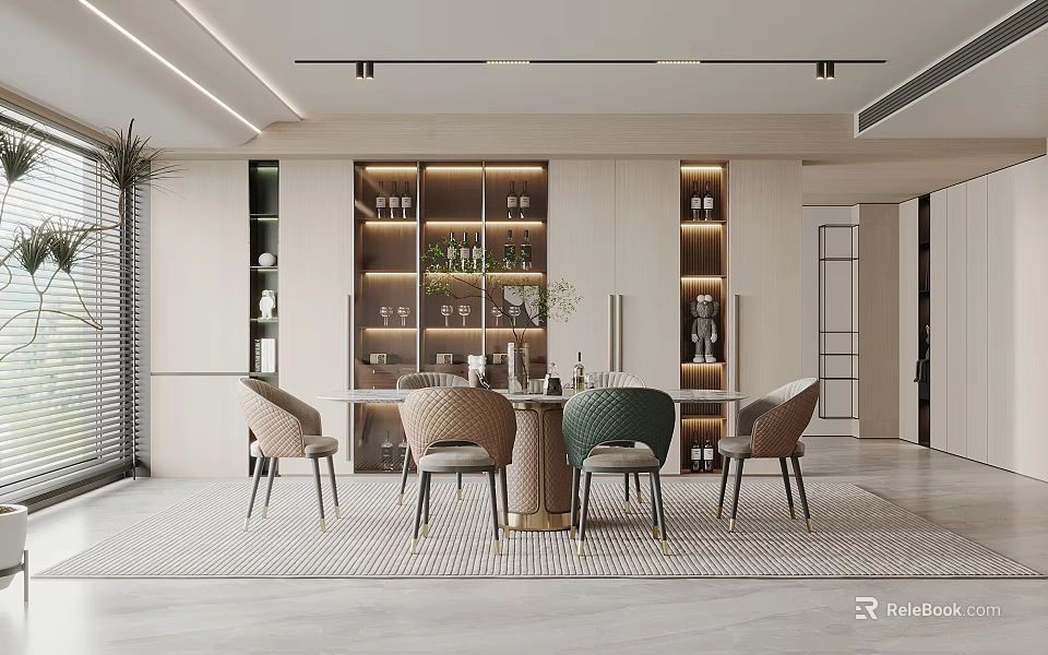 Elegant Modern Dining Room With Dining Table Chairs Wine Cabinet Lighting Strips And Green Plants 3d model 