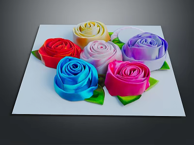 Colorful Decorative Ornament Set with Six Rose Shaped Ornaments Various Colors Green Leaves on White Square Base 3d model