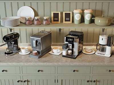Stylish Kitchen Countertop With Various Coffee Machines Wall Shelves And Storage Cabinets 3d model