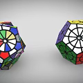 Two Intricate Colorful Geometric Polyhedrons With Multicolored Patterns And Black Lines