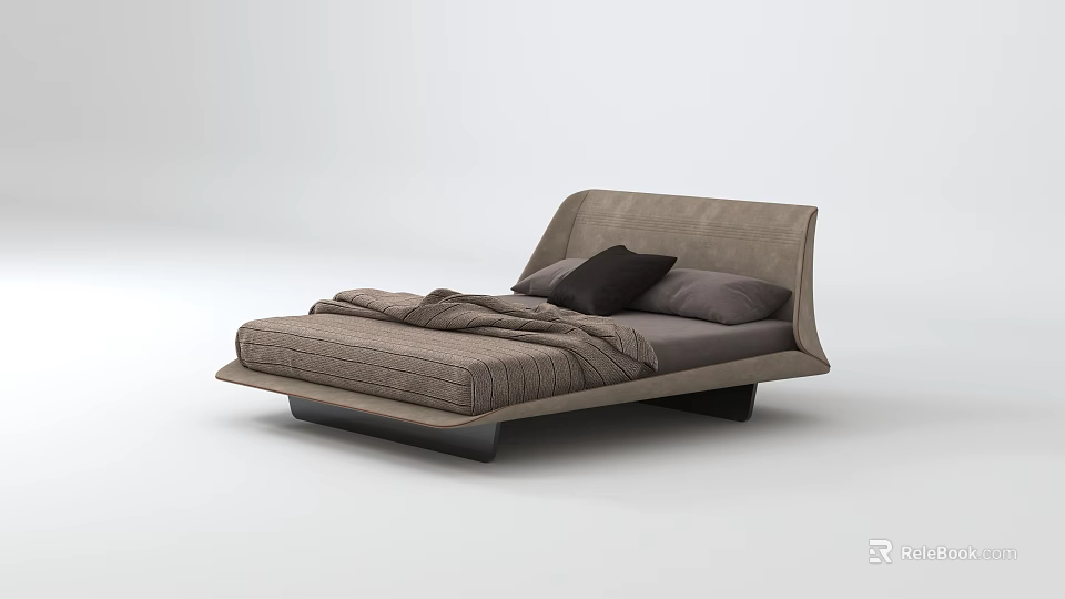 Modern Gray Double Bed With Upholstered Frame Pillows And Blanket 3d model 
