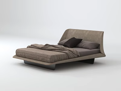 Modern Gray Double Bed With Upholstered Frame Pillows And Blanket 3d model
