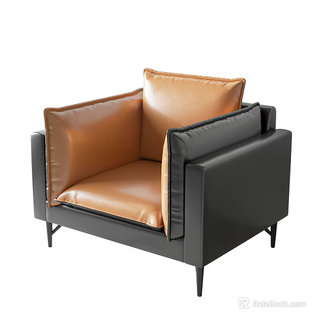 Modern Style Single Sofa With Black Frame And Brown Leather Cushions 3d model