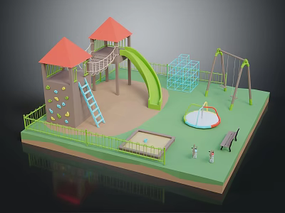 Cartoon Playground Scene With Red Roofs Green Slide Swings Climbing Wall Sandpit Fence And Bench 3d model