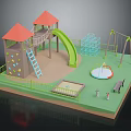 Cartoon Playground Scene With Red Roofs Green Slide Swings Climbing Wall Sandpit Fence And Bench