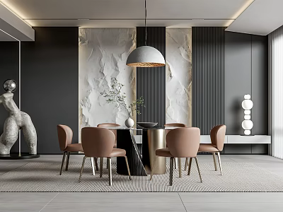 Modern Restaurant Interior With Marble Wall Pink Chairs Round Table Hanging Lamp And Sculpture Decor 3d model