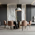 Modern Restaurant Interior With Marble Wall Pink Chairs Round Table Hanging Lamp And Sculpture Decor
