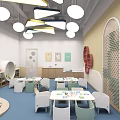 Bright Colorful Kindergarten Interior With Reception Desk Bookshelves And Decorative Lights