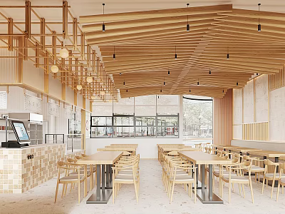 Modern Restaurant Interior With Wooden Ceiling Hanging Lights Long Tables Counter And Chairs 3d model