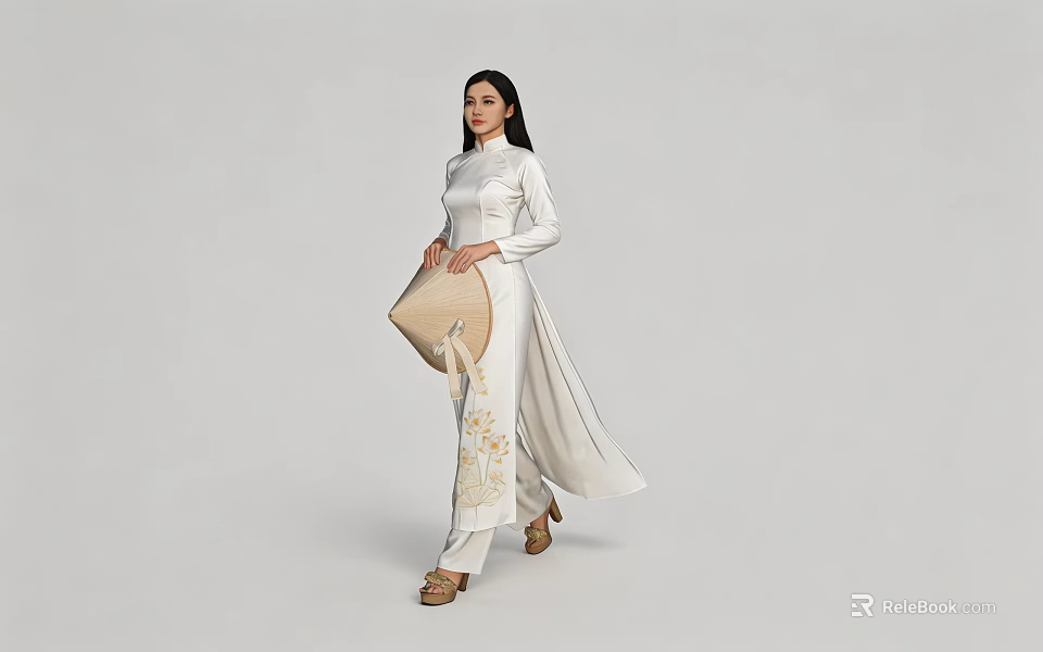Woman In White Ao Dai Holding Bamboo Fan With Embroidery On Light Background 3d model 