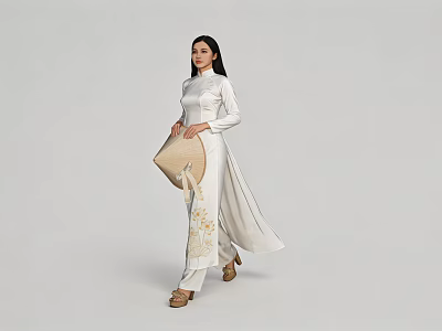 Woman In White Ao Dai Holding Bamboo Fan With Embroidery On Light Background 3d model