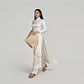 Woman In White Ao Dai Holding Bamboo Fan With Embroidery On Light Background