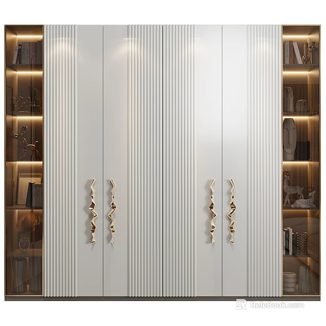 Modern White Wardrobe Interior Design With Vertical Stripes Gold Handles And Side Display Shelves 3d model 