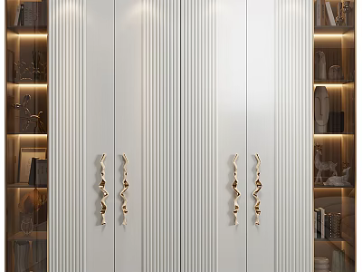 Modern White Wardrobe Interior Design With Vertical Stripes Gold Handles And Side Display Shelves 3d model