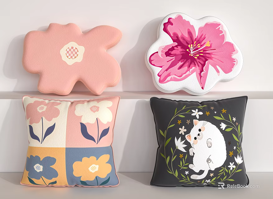 Decorative Flower Shaped and Square Pillows with Floral Patterns and Cute Animal Design 3d model 