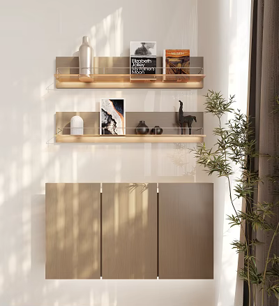 Modern Wooden Entryway Side Cabinet With Open Shelves Decorative Items Books And Potted Plant 3d model