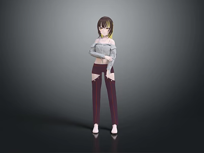 3D Character With Brown Short Hair Gray Top Maroon Cut Pants Standing On Gradient Background 3d model