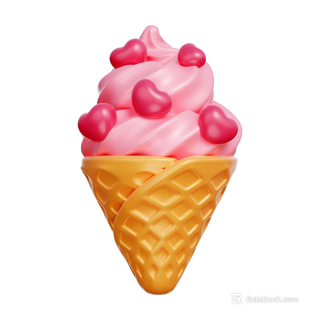 Delicious Pink Ice Cream Cone With Yellow Waffle Cone And Red Heart Toppings 3d model 