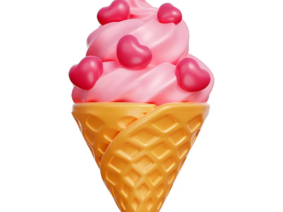 Delicious Pink Ice Cream Cone With Yellow Waffle Cone And Red Heart Toppings 3d model