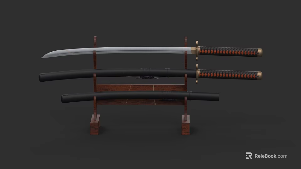 Traditional Samurai Sword With Sharp Blade And Brown Gold Handle On Wooden Stand 3d model 