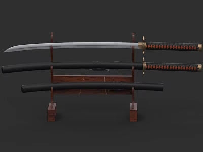 Traditional Samurai Sword With Sharp Blade And Brown Gold Handle On Wooden Stand 3d model