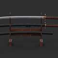 Traditional Samurai Sword With Sharp Blade And Brown Gold Handle On Wooden Stand