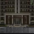 Modern High Rise Apartment Entrance Gate With Evening Lighting And Water Pool
