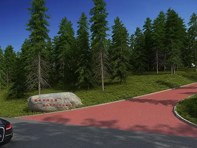 Beautiful Natural Scenery with Green Pine Trees Large Stone Red Path and Blue Sky 3d model