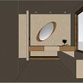 Modern Bathroom Interior Design With Beige Walls Round Mirror Vanity Bathtub And Wooden Elements