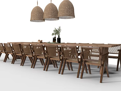 Rustic Dining Table Set with Woven Chairs Three Woven Pendant Lights and Table Plant Decor 3d model
