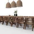 Rustic Dining Table Set with Woven Chairs Three Woven Pendant Lights and Table Plant Decor