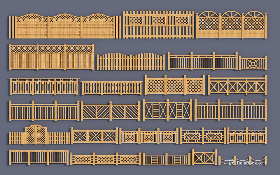 Various Wooden Fence Designs With Intricate Patterns And Classic Styles 3d model 