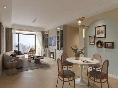 Modern Living Dining Room Interior With Sofa Coffee Table Round Table Fireplace And City View 3d model