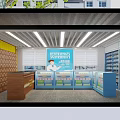 Modern Pharmacy Interior With Blue Shelves Medicine Counter And Seating
