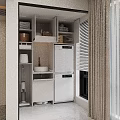 Practical Home Balcony With White Storage Cabinets Drawers Shelves Sink Washing Machine Dryer And Blinds