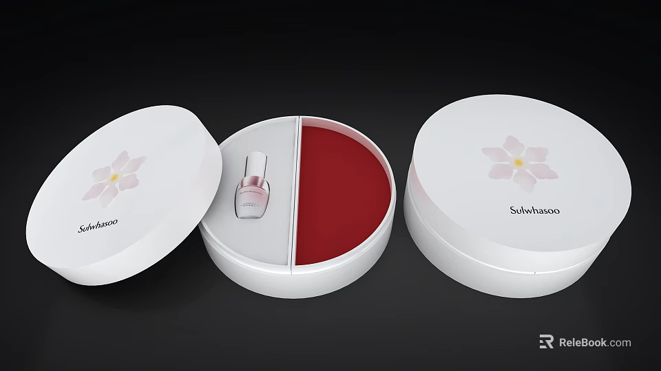 Shiseido White Round Cosmetic Boxes Featuring Flower Design Open Case And Red Section 3d model 