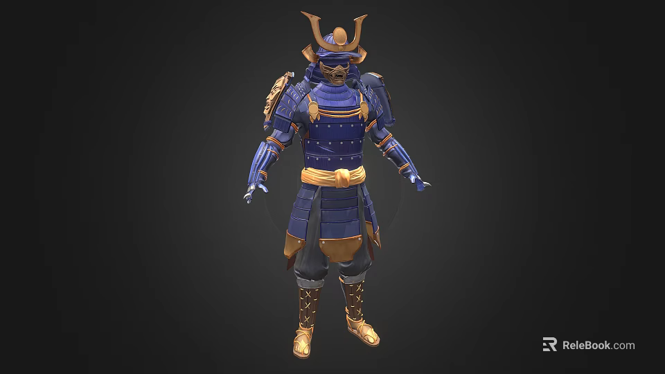 Samurai Warrior Character In Blue Armor With Dragon Helmet And Golden Decorations Belt Boots 3d model 