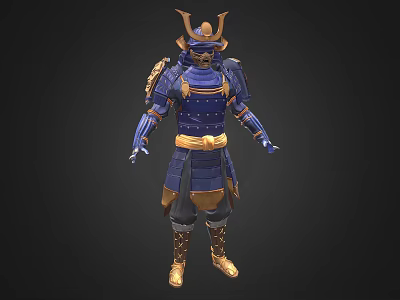 Samurai Warrior Character In Blue Armor With Dragon Helmet And Golden Decorations Belt Boots 3d model