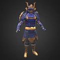 Samurai Warrior Character In Blue Armor With Dragon Helmet And Golden Decorations Belt Boots