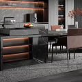 Modern Restaurant Interior Design With Dark Wooden Walls Marble Island And Curved Pendant Lights