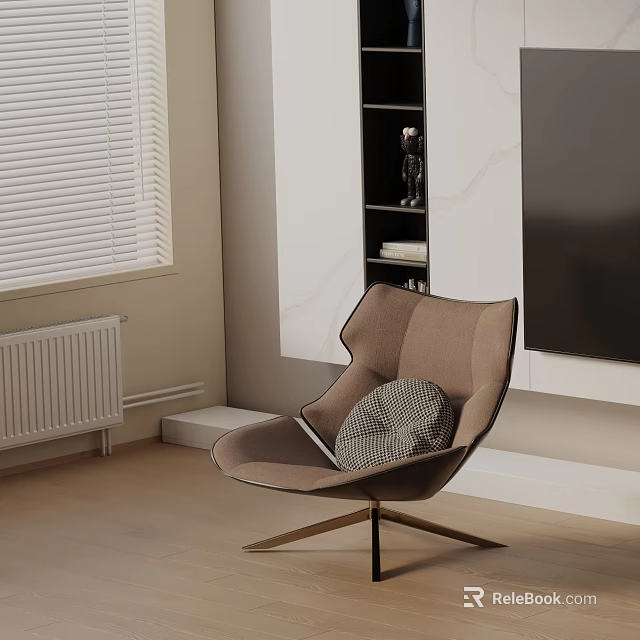 Stylish Brown Leisure Chair With Gray Cushion In Indoor Living Wooden Floor And Window Blinds 3d model 