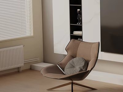 Stylish Brown Leisure Chair With Gray Cushion In Indoor Living Wooden Floor And Window Blinds 3d model