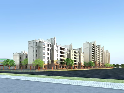 Modern Multistory Residential Building With Lush Green Trees And Open Road Frontage 3d model
