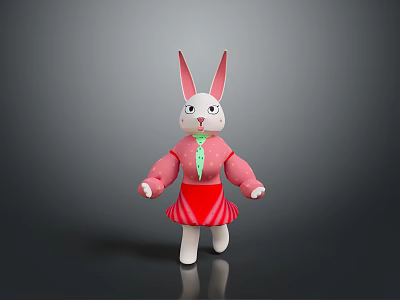 Cute Rabbit Doll With Long Pink Ears Pink Top And Red Striped Skirt 3d model