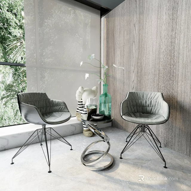Modern Gray Chair and Round Table Set With Metal Legs Green Vase And Wooden Wall 3d model 