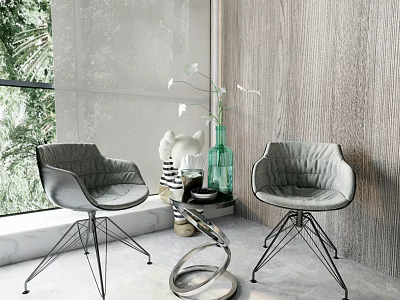 Modern Gray Chair and Round Table Set With Metal Legs Green Vase And Wooden Wall 3d model
