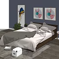 Cozy Double Bed with Gray Blanket Pillows Deer Paintings Parrot Art Green Plant Pink Lamp