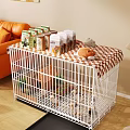 Cozy Indoor White Pet Cage with Small Dog Resting on Top and Pet Food Packages